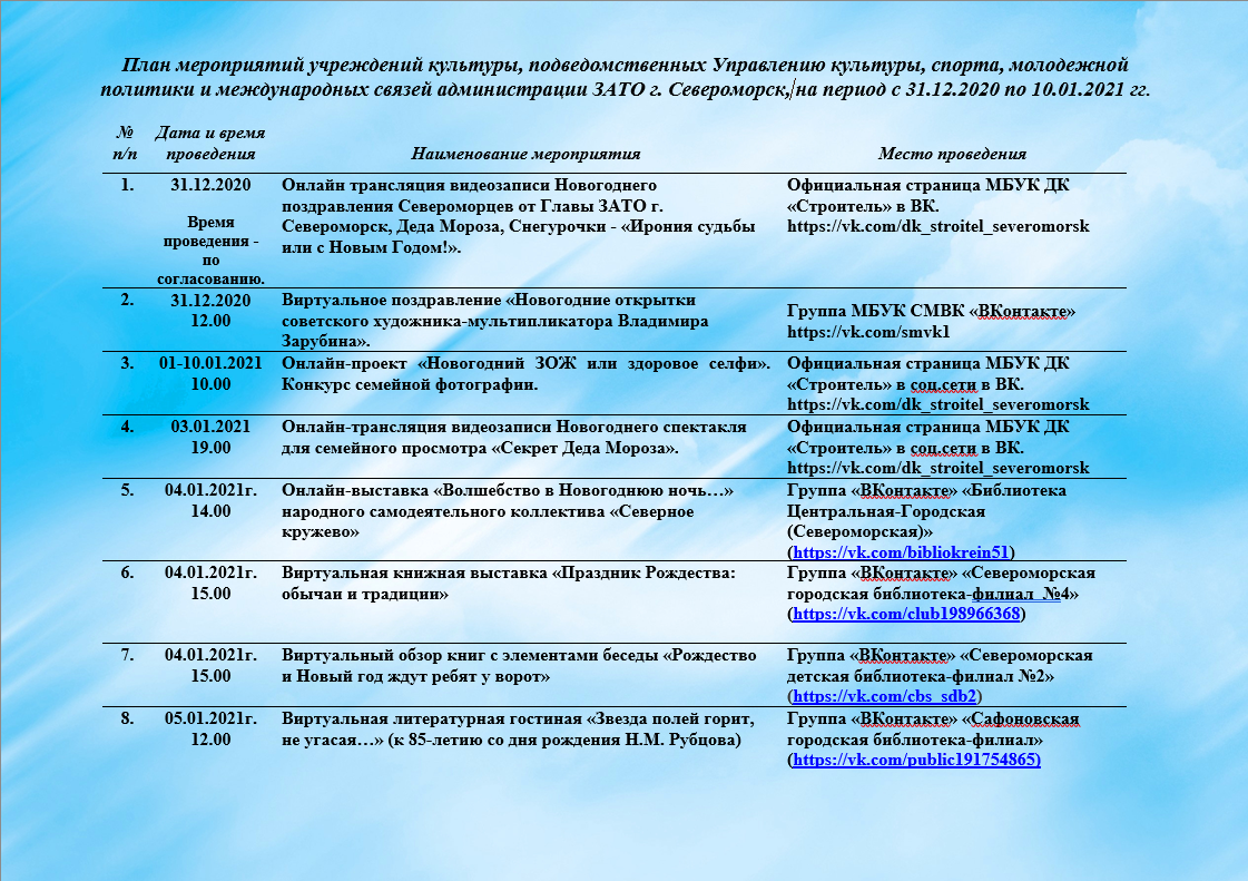 Мероприятие в культуре к году семьи. Программа мероприятий 31 декабря. Афиша мероприятий учреждений культуры. Управление культуры и спорта Североморск. Североморск новый год 2020.